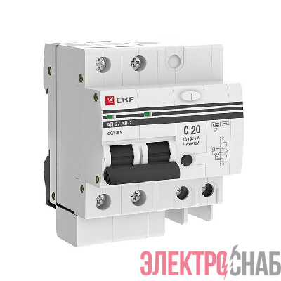 Выключатель автоматический дифференциального тока C 20А  30мА тип AC 6кА АД-2 (электрон.) защита 270В PROxima EKF DA2-6-20-30-pro