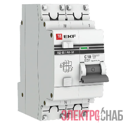 Выключатель автоматический дифференциального тока 2п (1P+N) C 10А 30мА тип AC 4.5кА АД-32 защита 270В электрон. PROxima EKF DA32-10-30-pro