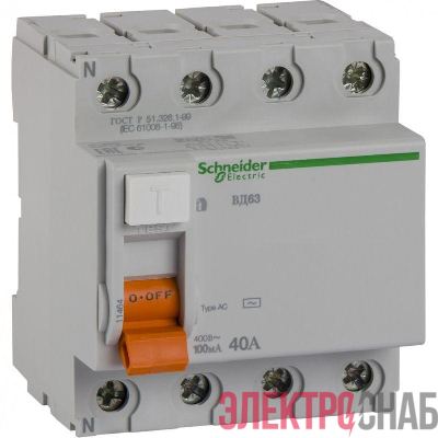 Выключатель дифференциального тока (УЗО) 4п 40А 100мА тип AC ВД63 Домовой SchE 11464