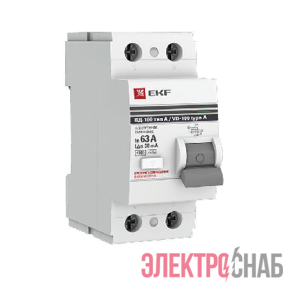 Выключатель дифференциального тока (УЗО) 2п 63А 30мА тип A ВД-100 электрон.PROxima EKF elcb-2-63-30-e-a-pro