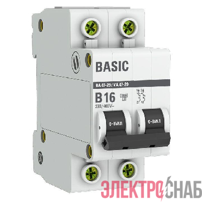 Выключатель автоматический модульный 2п B 16А 4.5кА ВА 47-29 Basic EKF mcb4729-2-16-B