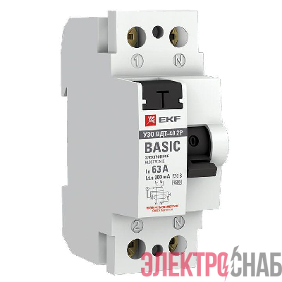 Выключатель дифференциального тока (УЗО) 2п 63А 300мА ВДТ-40 (электрон.) Basic EKF elcb-2-63-300e-sim