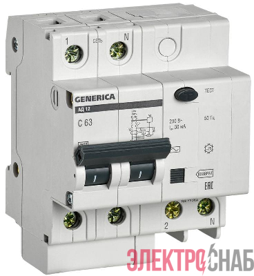 Выключатель автоматический дифференциального тока 2п 63А 30мА АД12 GENERICA MAD15-2-063-C-030