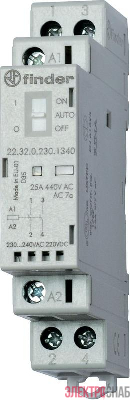 Контактор модульный 2NO 25А AgSnO2 230В AC/DC 17.5мм IP20 опции: переключатель Авто-Вкл-Выкл + мех. индикатор + LED FINDER 223202304340