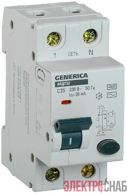Выключатель автоматический дифференциального тока C25 30мА АВДТ 32 GENERICA MAD25-5-025-C-30