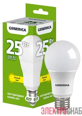 Лампа светодиодная A65 25Вт грушевидная 3000К E27 230В GENERICA LL-A65-25-230-30-E27-G