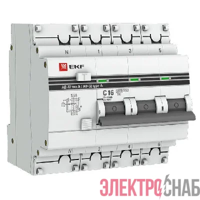 Выключатель автоматический дифференциального тока 4п (3P+N) 16А 30мА тип A АД-32 PROxima EKF DA32-16-30-4P-a-pro