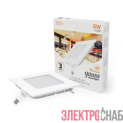 Светильник светодиодный Slim 6Вт 3000К IP20 360лм 220-240В ДВО квадрат бел. GAUSS 940111106