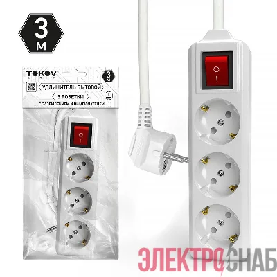 Удлинитель 3х3м с заземл. с выкл. 10А 3х1.5 TOKOV ELECTRIC TKL-C01-BU3-3-1.5-ZV