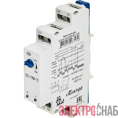 Реле контроля напряжения 3ф ЕЛ-11М-15 УХЛ4 AC 400В задержка срабатывания 01...10с ток контактов исполнит. реле 8А 2п Меандр A8302-16933174
