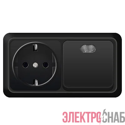 Блок ОП Олимп 1-кл. выкл. с подсветкой 10А + роз. с заземл. 16А 220В горизонт. черн. Universal 7946808