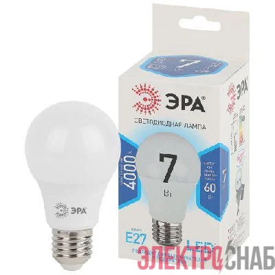 Лампа светодиодная A60-7w-840-E27 грушевидная 560лм ЭРА Б0029820