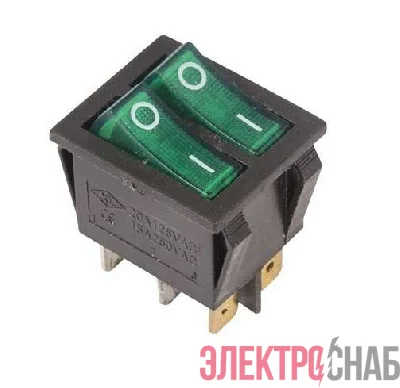 Выключатель клавишный 250В 15А (6с) ON-OFF зел. с подсветкой ДВОЙНОЙ (RWB-511 SC-797) Rexant 36-2412