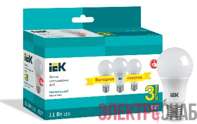 Лампа светодиодная 11Вт A60 шар 4000К нейтр. бел. E27 230В (уп.3шт) IEK LLE-A60-11-230-40-E27-3