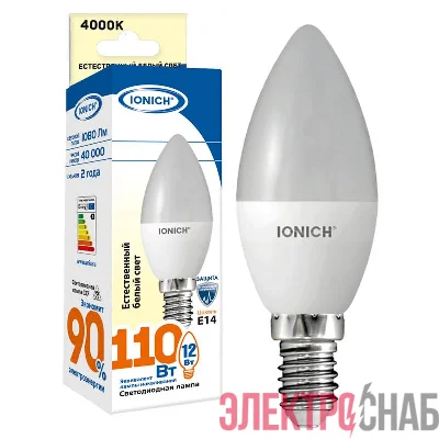 Лампа светодиодная C37 12Вт свеча 4000К E14 230В IONICH 1640