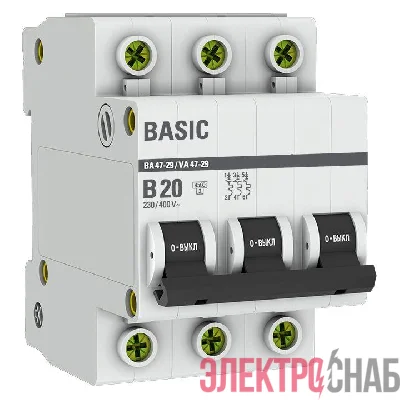 Выключатель автоматический модульный 3п B 20А 4.5кА ВА 47-29 Basic EKF mcb4729-3-20-B