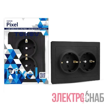 Розетка 2-м СП Pixel 16А IP20 с заземл. защ. шторки в сборе карбон TOKOV ELECTRIC TKE-PX-R2FZSF-C14