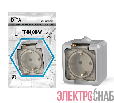 Розетка 1-м ОП Dita 16А IP54 250В с заземл. с прозр. крышкой сер. TOKOV ELECTRIC TKL-DT-R1Z-C06T-IP54