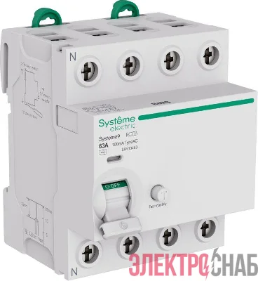Выключатель дифференциального тока 4п 63А 100мА тип AC Systeme9 400В SE S9R13463