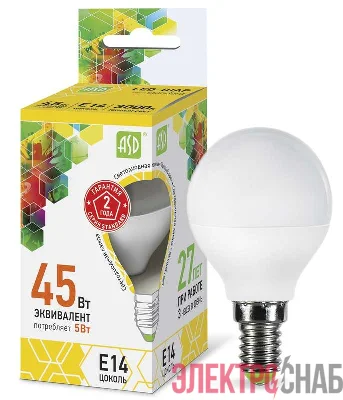 Лампа светодиодная LED-шар-standard 5Вт шар 3000К тепл. бел. E14 450лм 160-260В ASD 4690612002125