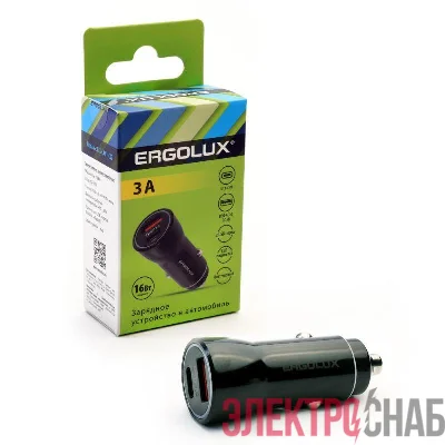 Адаптер автомобильный ELX-CA01-C02 1USB+1Type C 12В 5В/3А LED коробка черн. ERGOLUX 15106