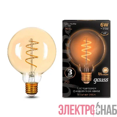 Лампа светодиодная филаментная Black Filament 6Вт G95 шар золотая 2400К тепл. бел. E27 360лм GAUSS 105802007
