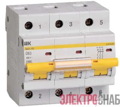 Выключатель автоматический модульный 3п D 63А 10кА ВА47-100 KARAT IEK MVA40-3-063-D