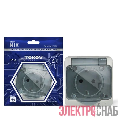 Розетка 1-м ОП Nix 16А IP54 250В с заземл. с прозр. крышкой сер. TOKOV ELECTRIC TKE-NX-R1Z-C06T-IP54