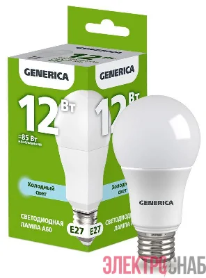 Лампа светодиодная A60 12Вт грушевидная 6500К E27 230В GENERICA LL-A60-12-230-65-E27-G