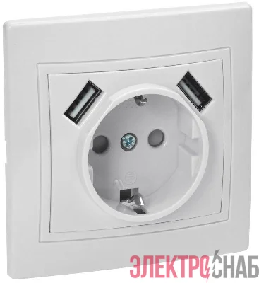 Розетка 1-м СП Кварта РЮш10-1-КБ 16А USBх2 2.1А с заземл. бел. IEK KV-R14-16-U2-K01