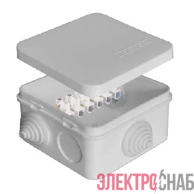 Коробка распр. ОП 75х75х45 7 выходов 3 гермоввода с клемм. 10А 6 контактов IP54 крышка защелкивающаяся сер. Epplast 220324