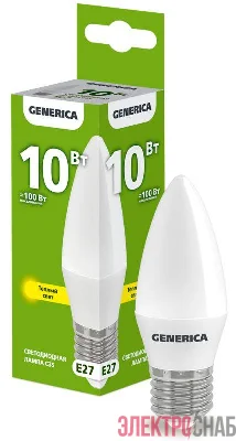 Лампа светодиодная C35 10Вт свеча 3000К E27 230В GENERICA LL-C35-10-230-30-E27-G