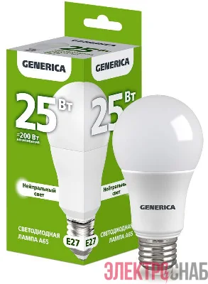 Лампа светодиодная A65 25Вт грушевидная 4000К E27 230В GENERICA LL-A65-25-230-40-E27-G