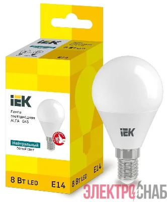 Лампа светодиодная Alfa 8Вт G45 шар 4000К E14 230В (6шт) IEK LLA-G45-8-230-40-E14-6