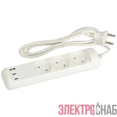 Удлинитель электрический U-3-1.5m-USB-W 3 розетки + 3xUSB A+C 1.5м 10А бел. Эра Б0069075
