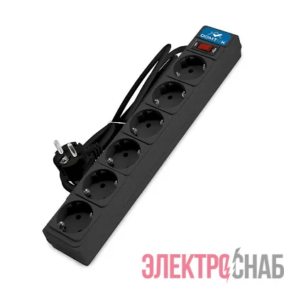 Удлинитель с сетевым фильтром 6х1.8м с заземл 10А IP20 2.2кВт ПВС 3х1 с выкл. черн. DOMTOK 2521