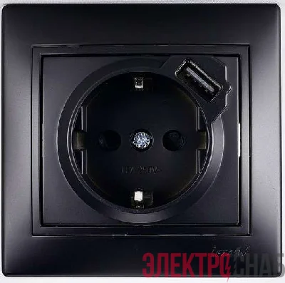 Розетка 1-м СП Мира 16А с з/к + USB разъем черн. бархат LEZARD 701-4242-181