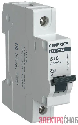 Выключатель автоматический модульный 1п B 16А 4.5кА ВА47-29М GENERICA MVA21-1-016-B-G