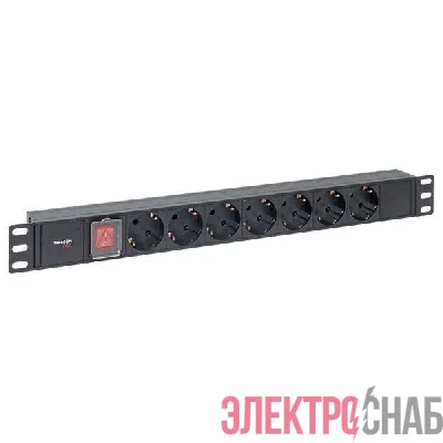 Блок PDU TERACOM PRO 19дюйм 1U 10А 250В 7-м Schuko с выкл. без шнура питания вх. разъем C14 алюм. черн. EKF TRP-HPD-LS-10A-7SH-C14