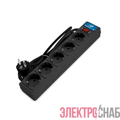 Удлинитель с сетевым фильтром 5х1.8м с заземл 10А IP20 2.2кВт ПВС 3х1 с выкл. черн. DOMTOK 2537