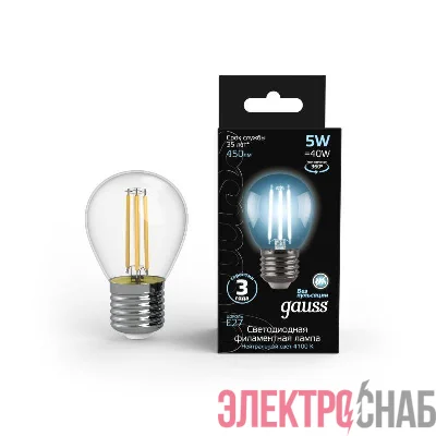 Лампа светодиодная филаментная Black Filament 5Вт P45 шар 4100К нейтр. бел. E27 450лм GAUSS 105802205