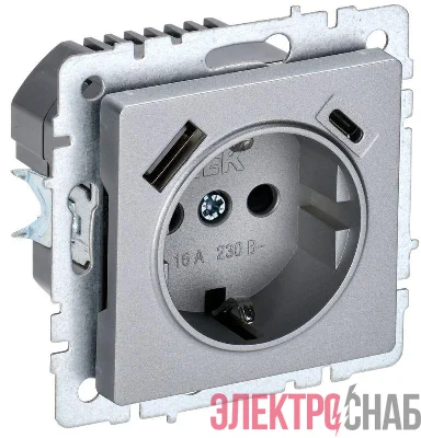 Розетка BRITE РЮш11-1-БрА 16А с USB A+C 18Вт с заземл. защ. шторки механизм алюм. IEK BR-R14-16-U22-018-K47