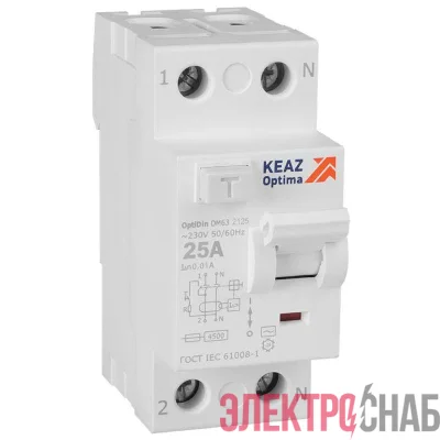 Выключатель дифференциального тока (УЗО) 2п 25А 10мА тип AC 4.5кА OptiDin DM63-2125 УХЛ4 КЭАЗ 343882