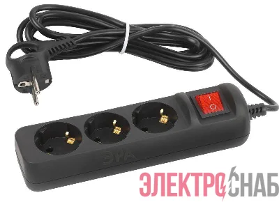 Удлинитель электрический UX-3es-3m-B с заземл. с выключателем 3 розетки 3м ПВС 3х0.75кв.мм 10А черн. Эра Б0057728