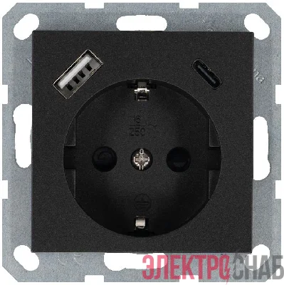 Розетка Shuko 16А с заземл. защ. шторки с 2-мя заряд. устройствами USB тип A+C 25Вт механизм антрацит Jasmart G5501USB-25B