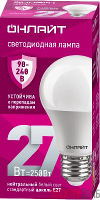 Лампа светодиодная 90 407 OLL-A60-27-230-4K-E27 27Вт грушевидная 4000К E27 90-240В PRO ОНЛАЙТ 90407