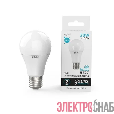 Лампа светодиодная Elementary 20Вт A60 грушевидная 4100К нейтр. бел. E27 1600лм GAUSS 23229