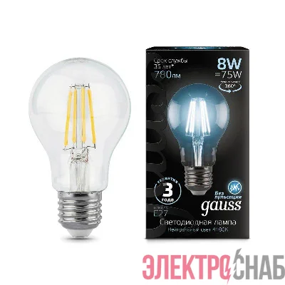 Лампа светодиодная филаментная Black Filament 8Вт A60 грушевидная 4100К нейтр. бел. E27 780лм GAUSS 102802208