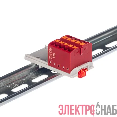 Блок распределительный с вертикал. адаптером на рейки шир. 15/35мм зажим push-in 10 точек подключения 2.5кв.мм красн. DKC DTP1-010-04SPUR-V