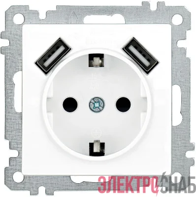 Механизм розетки 1-м СП Bolero Рюш10-1-Б 16А IP20 с заземл. защ. шторки с 2-мя заряд. устройствами USB 2.1А бел. IEK ERB14-K01-16-U2